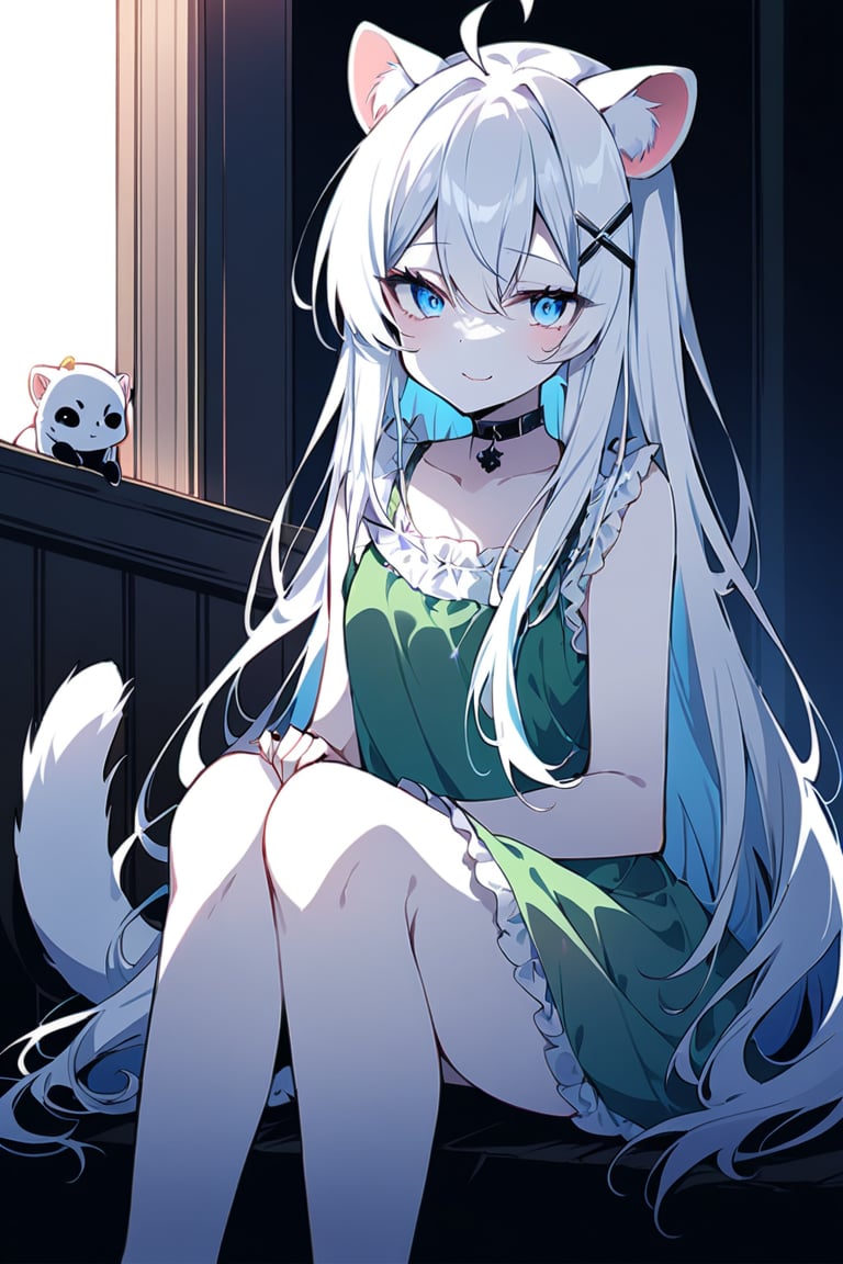 score_9_up, score_9, score_8_up, score_8, score_7, score_7_up, score_6_up, score_5_up, score_4_up, 1girl, stoat girl, solo,  ((white hair)), very long hair, blue eyes, (straight hair), (bangs), animal ears, (stoat ears:1.2),
 Choker, ahoge, yaeba, (big white stoat Tail:1.2), (blue X hairpin), female, high contrast, low saturation, illustration, sitting with knees pulled up, white hair, albino, albinism, pale skin, small smile on face, low saturated eyes, beautiful, petite figure, slender, cinematic lighting, colourful lighting, long hair, styled hair,BREAK,source_anime