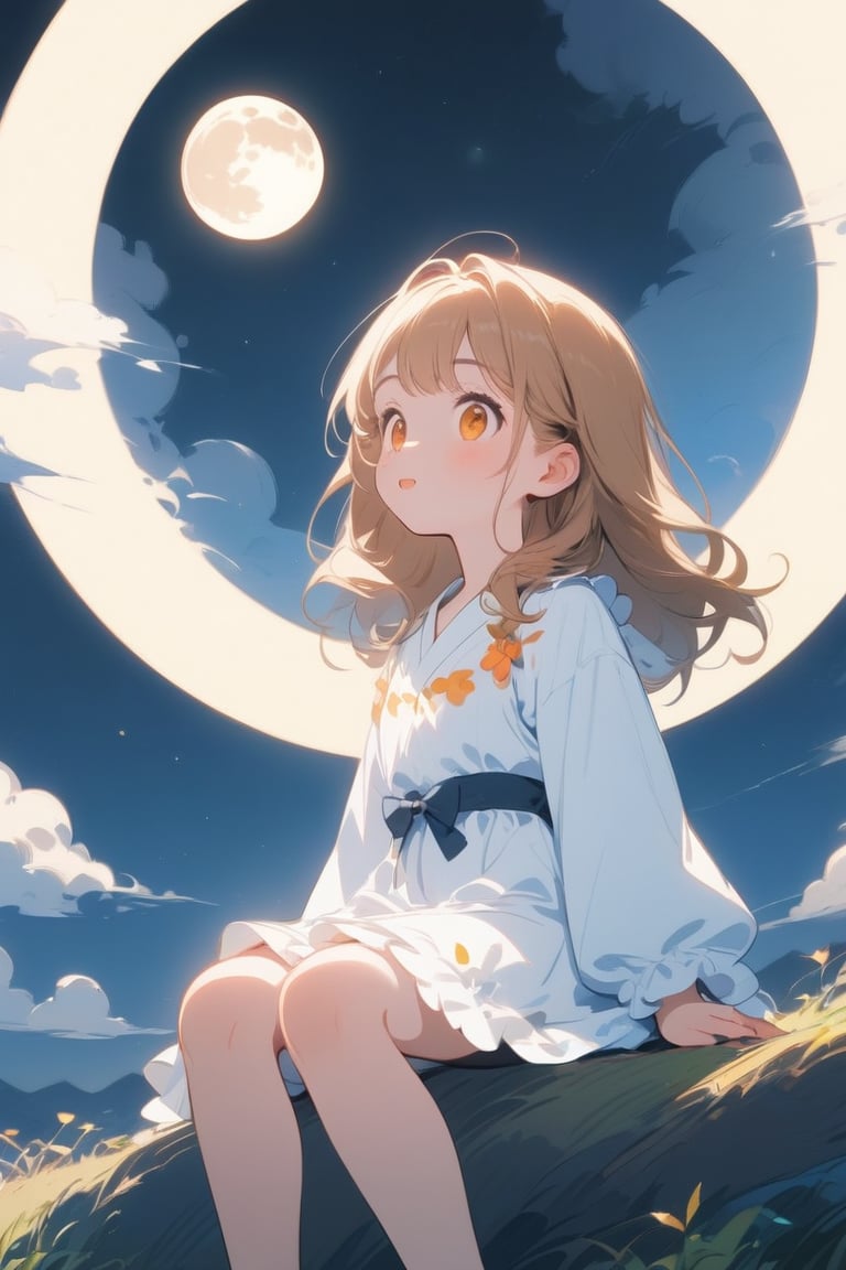 A Cute girl wearing a full moon dress sitting under the full moon admiring the moon, cute, Huge Moon, glowing moon, Japanese anime style