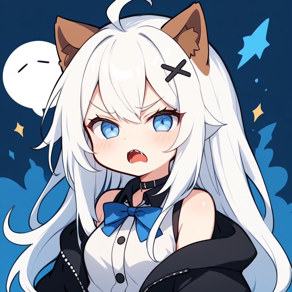 {{{masterpiece}}}, {{{best quality}}}, {{ultra-detailed}}, {beautiful detailed eyes},1girl, solo,  ((white hair)), very long hair, blue eyes, (straight hair), (bangs), animal ears, (stoat ears:1.2), Choker, ahoge, fangs, (big stoat Tail:1.2), (X hairpin), (White sleeveless collared dress, blue chest bow), (black hooded oversized jacket:1.2), (Off the shoulders), ((closed eyes)), angry, upper body,chibi emote style,chibi,emote,