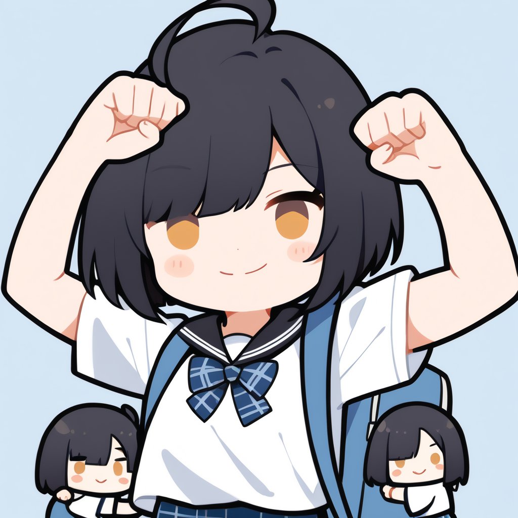 1girl, (dark black hair), brown eyes, ahoge, short hair, (striking bob cut and intense, hair covering one eye:1.2), (school uniform), tight clothes, white shirt, Short sleeve, blue tie, Blue plaid pleated skirt, light blue backpack, half-closed eyes, blush, (fighting pose), (simple school background), (eyes highlight), standing, ((upper body)), very beautiful girl, smiling, happy, himecut hairstyle, solo, (chibi), (Focus on face), 