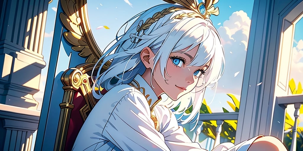 vibrant colors, female, masterpiece, sharp focus, best quality, depth of field, cinematic lighting, ((solo, one woman )), (illustration, 8k CG, extremely detailed), masterpiece, ultra-detailed,
1angel, (white hair), long curly hair, blue eyes, (two blue ribbons on her hair), (Double golden halo on her head), angel wings, White shirt, sweater, cute outfit, Sitting on a huge throne, best smile, cute face, perfect light,1girl white hair blue eyes x hair ornament,masterpiece,highres