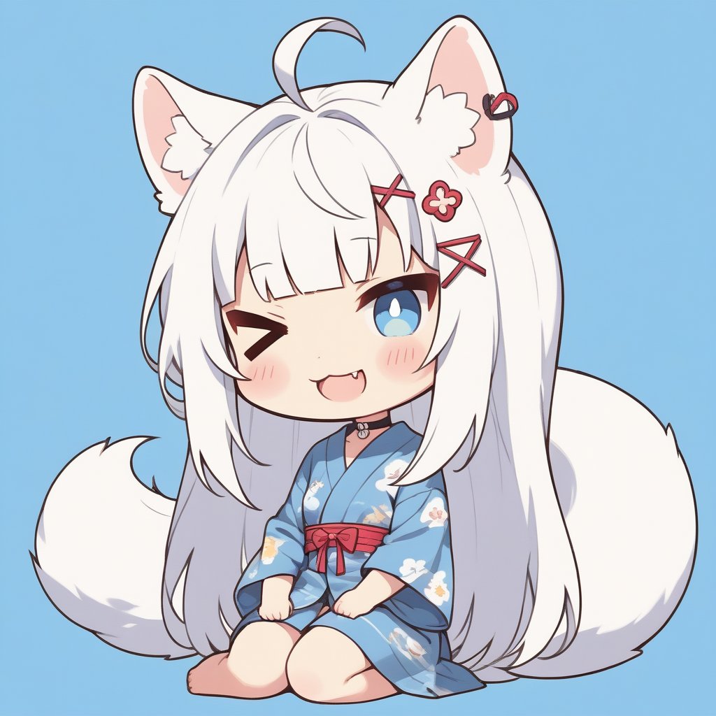 (chibi:1.3), masterpiece, made by a master, 4k, perfect anatomy, perfect details, best quality, high quality, lots of detail.
(solo),1girl, ((stoat girl)), solo,  ((white hair)), very long hair, blue eyes, (straight hair), (bangs), animal ears, (stoat ears:1.2), Choker, ahoge, cute_fang, (big Fox Tail:1.2), (blue X hairpin), (cute yukata, colorful yukata), smiling, single, (((>_<:1.4))), (upper body) ,Emote Chibi. cute comic,simple background, flat color, Cute girl,dal,Chibi Style,lineart,comic book,