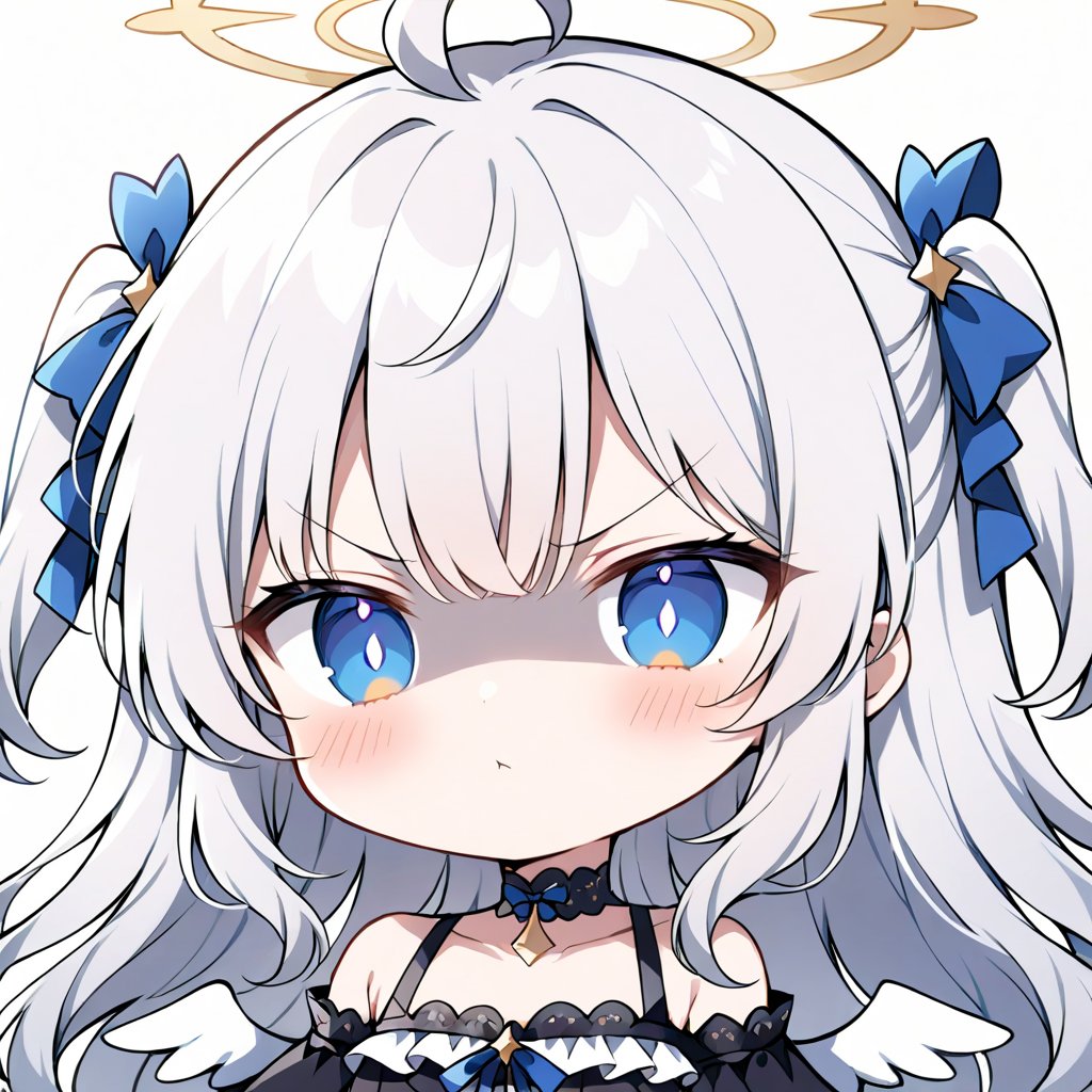 1girl, angel, white hair, long curly hair, (two side up), blue eyes, two blue bows on head, (Double golden halo on her head), choker, ((angel wings on back)), ahoge,  (White gothic lolita style ruffle dress, blue ribbon), ((Off the shoulders:1.2)), solo, (chibi, head only), blush, mouth close, (close-up portrait), (angry, blush, pouty), ((shadow face:1.3)), (glowing eyes), Upper Body, (Focus on face), simple white background,((Chibi character)), 