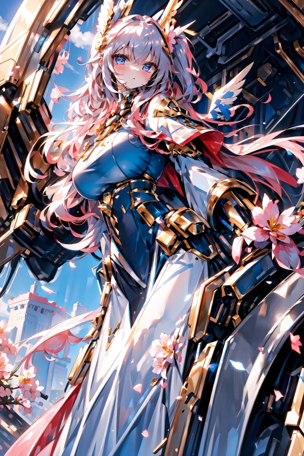 (panorama, wide shot), best quality, masterpiece, extremely detailed, detailed background, (from below:1.2), 1girl,angel, with sliver long curly hair, blue eyes, The temples on both sides are decorated with blue ribbons, 
(Double golden halo on her head), angel wings,looking at viewer, blue shirts, on side, fluffy hair, french , capelet, lace trim, bodice, blue sky, sunshine,long dress, ,sunny,scenery, grassland, high place, horizon, flowers, birds, wind, wind blow, (depth of field), bokeh,(twintails),mecha