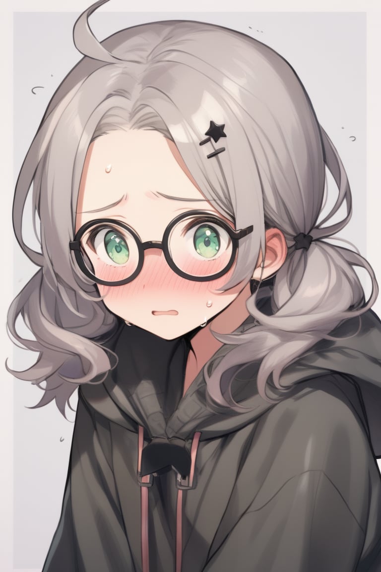  1girl, solo, (gray hair), green eyes, (short Twin ponytails:1.2),  (curly hair:1.2), ahoge, (black round frame glasses:1.2), (black star hairpin), solo, blush, open mouth, Center parted bangs, forehead, hooded cloak, Hood Down, long sleeve shirt top, Short skirt, boots, upper body, sweat, embarrassed,