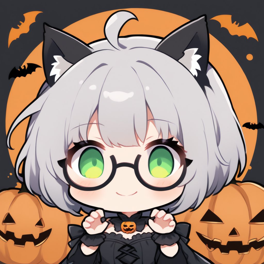 1girl, (gray hair), green eyes, ahoge, (striking bob cut and intense), (black round frame glasses:1.2), Gothic lolita style dress, cat ears, (claw pose), bats, cobweb, pumpkin lantern, moon, blush, (simple halloween background), (eyes highlight), standing, ((upper body)), very beautiful girl, smiling, happy, himecut hairstyle, solo, (chibi), (Focus on face), 