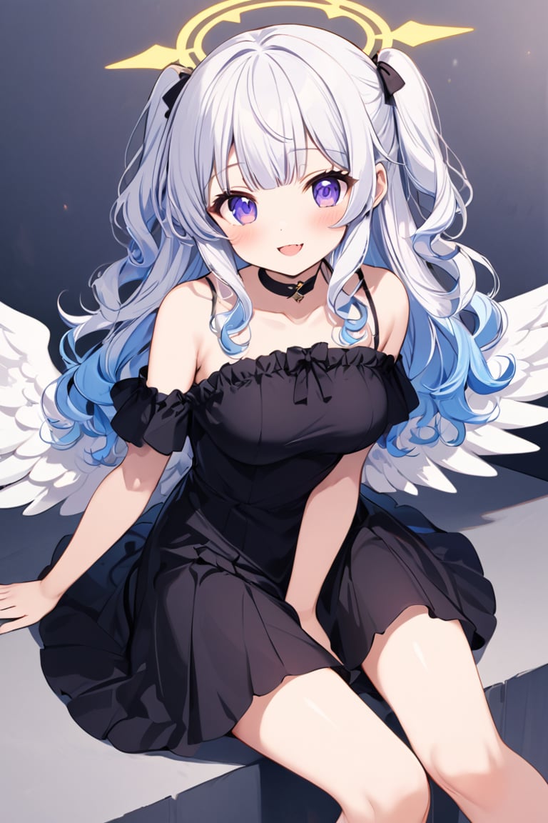 (score_9, score_8_up, score_7_up), 1girl, angel, white hair, long curly hair, (two side up), blue eyes,  (curly hair:1.2), (wavy hair), (hair curls)
, (bangs), (two side up), two blue hair ties on head, (Double golden halo on her head), bowtie choker, angel wings, ahoge, fang, dress, long hair, smile, solo, (medium breasts:2), white hair, black dress, looking at viewer, breasts, bare shoulders, sidelocks, collarbone, blush, sitting, purple eyes, blue eyes, beautiful eyes, (petite:2), blunt bangs, gradient hair, 