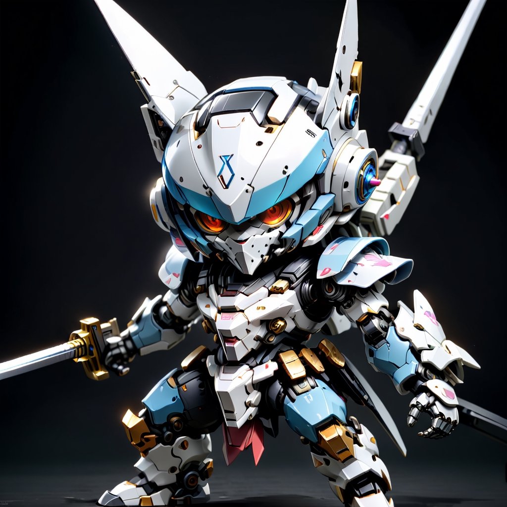 Masterpiece, 4K, ultra detailed, ((solo)), chibi style, anime style, sword Mecha, (MASK), (metal), dark color mecha, (fight poes), (full body), solid background, detail, ,close viewer,ROBOT,