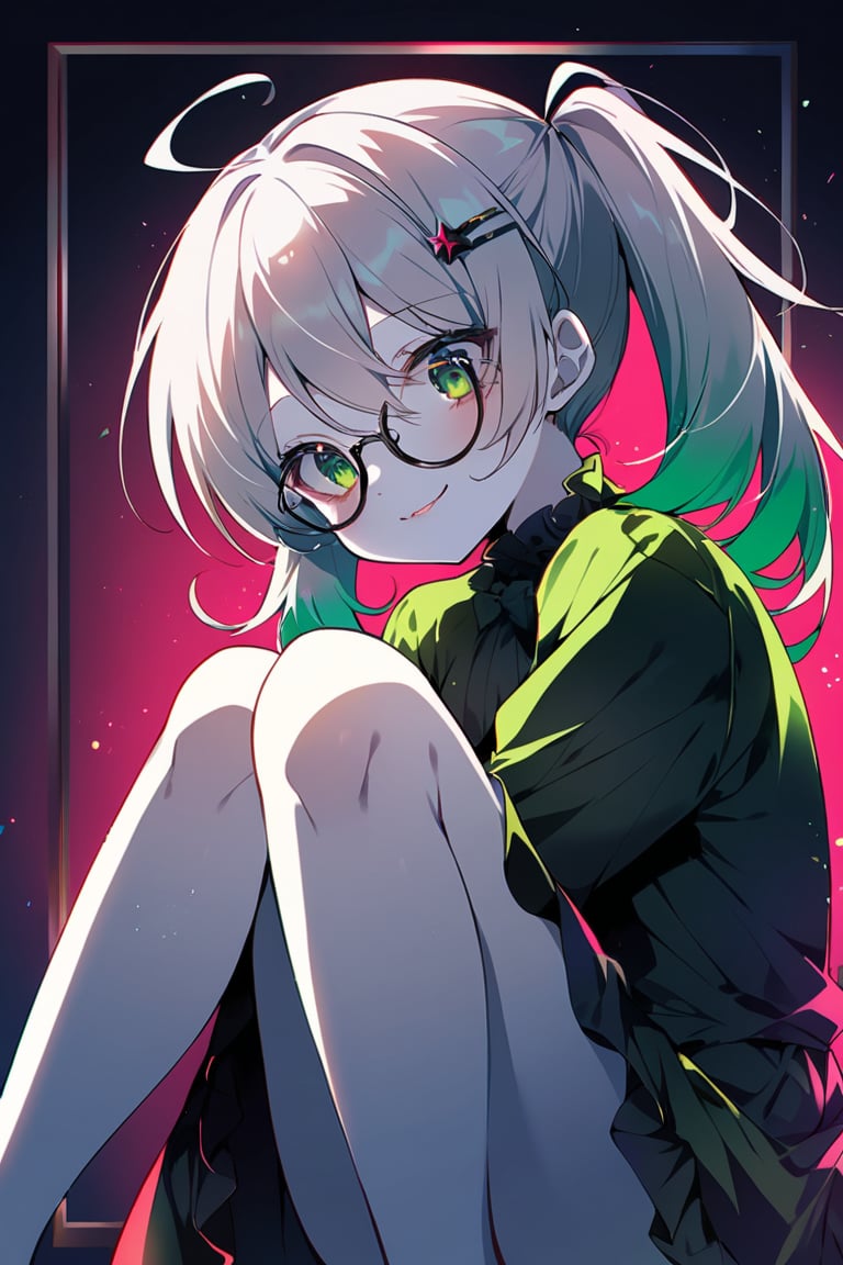 score_9_up, score_9, score_8_up, score_8, score_7, score_7_up, score_6_up, score_5_up, score_4_up,  1girl, solo, (gray hair), green eyes, (short Twin ponytails:1.2), ahoge, (black round frame glasses:1.2), (black star hairpin), female, high contrast, low saturation, illustration, sitting with knees pulled up, white hair, albino, albinism, pale skin, small smile on face, low saturated eyes, beautiful, petite figure, slender, cinematic lighting, colourful lighting, long hair, styled hair,BREAK,source_anime