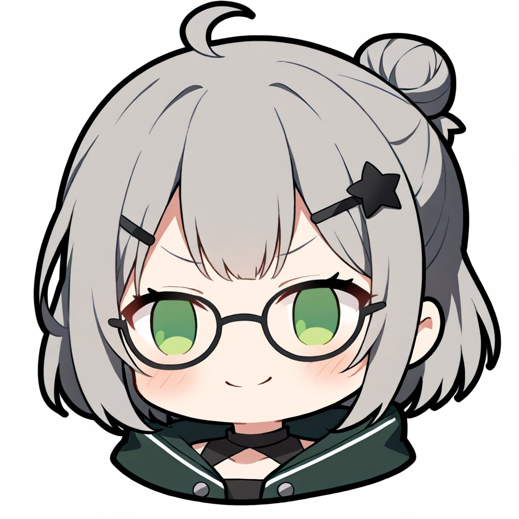 1girl, (gray hair), green eyes, short hair, ahoge, (black round frame glasses:1.2), (black star hairpin), dark green hooded cloak, Hood Down, dress, Short skirt, boots, ((Half Bun:1.2)), solo, (chibi, head only), blush,mouth open, (close-up portrait), (smug face), Upper Body, simple white background,