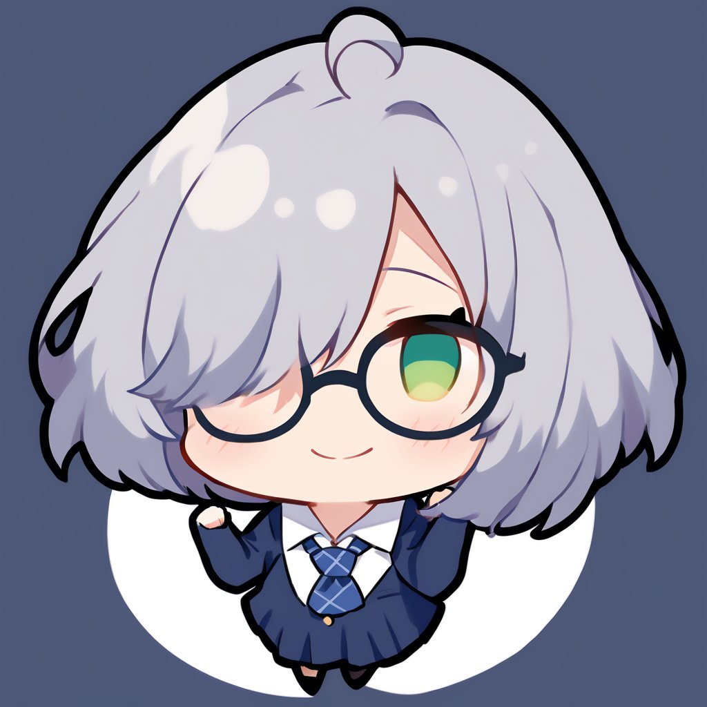 1girl, (gray hair), green eyes, ahoge, short hair, (striking bob cut and intense, hair covering one eye:1.2), (black round frame glasses:1.2), (school uniform), tight clothes, white shirt, blue tie, Blue plaid pleated skirt, Dark blue blazer, boots, half-closed eyes, blush, (paw pose), (simple school background), (eyes highlight), standing, ((upper body)), very beautiful girl, smiling, happy, himecut hairstyle, solo, (chibi), (Focus on face), 