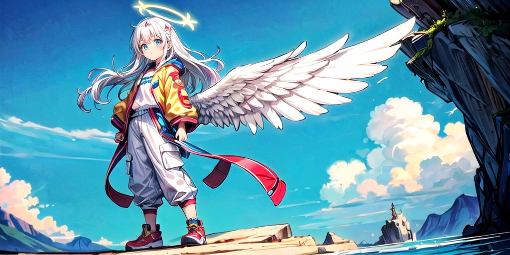  (Best Picture Quality, High Quality, Best Picture Score: 1.3), , Perfect Beauty Score: 1.5, long hair, 1 angel girl, (solo), ((white hair)), (long curly hair), blue eyes, ((two blue ribbons on her hair)), (Double golden halo on her head), (angel wings), (cute outfit), wearin explorer clothing, gadventure clothing, adventure wear, adventure pants, Going on an adventure, many wild animals, on an isolated island, (full_body), beautiful, cute, masterpiece, best quality,perfect light,