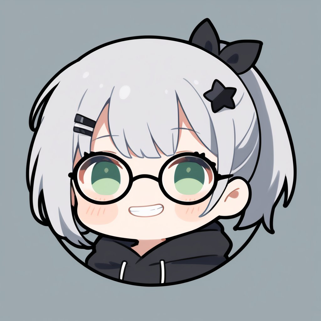 1girl, (gray hair), green eyes, short hair, (Bob Hair), ahoge, (pony tail:1.2), (black round frame glasses:1.2), (black star hairpin), hooded cloak, Hood Down, long sleeve shirt top, Short skirt, boots, solo, (chibi, head only), blush, (close-up portrait), (grin), (double v), Upper Body, (Focus on face), simple background,