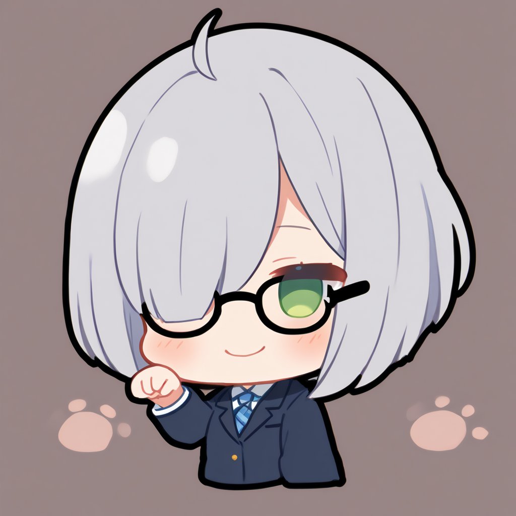 1girl, (gray hair), green eyes, ahoge, short hair, (striking bob cut and intense, hair covering one eye:1.2), (black round frame glasses:1.2), (school uniform), tight clothes, white shirt, blue tie, Blue plaid pleated skirt, Dark blue blazer, boots, half-closed eyes, blush, (paw pose), (simple school background), (eyes highlight), standing, ((upper body)), very beautiful girl, smiling, happy, himecut hairstyle, solo, (chibi), (Focus on face), 