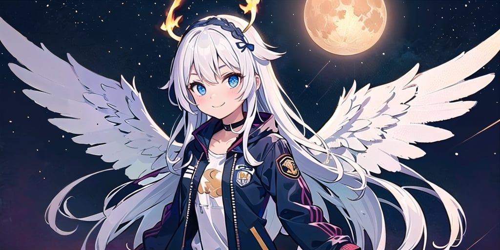  (Best Picture Quality, High Quality, Best Picture Score: 1.3), , Perfect Beauty Score: 1.5, long hair, 1 angel girl, (solo), ((white hair)), (long curly hair), blue eyes, ((two blue ribbons on her hair)), (Double golden halo on her head), (angel wings), (cute outfit), ((wearing aBlack Flames Jacket)), cute smile, background is the night sky with the bright moon hanging high, beautiful, cute, masterpiece, best quality,masterpiece,best quality