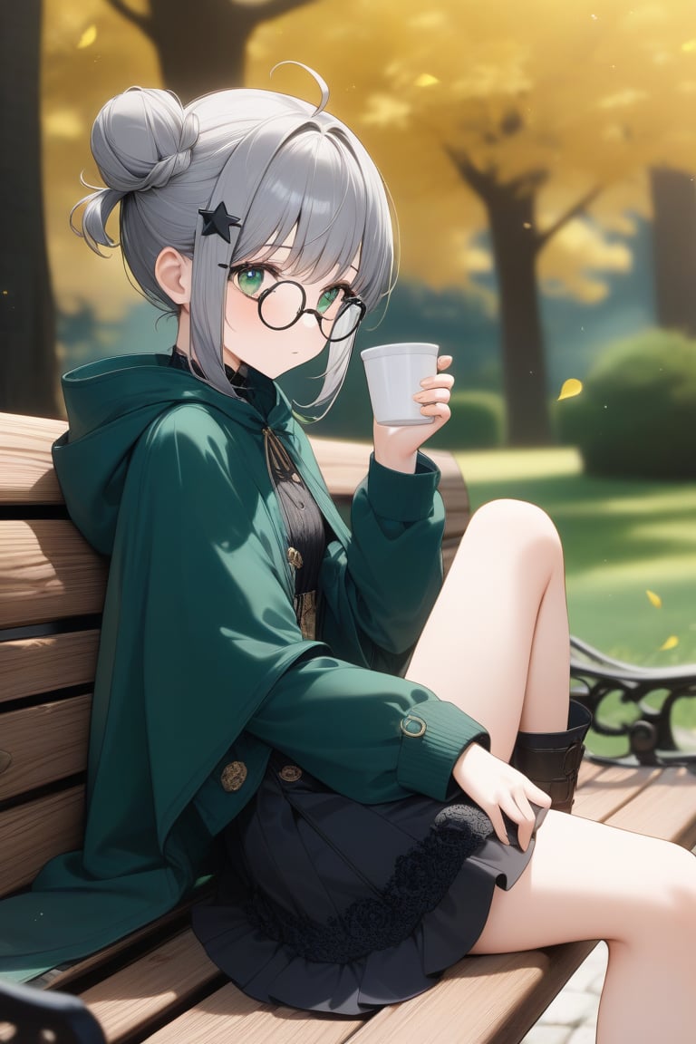 1girl, (gray hair), green eyes, short hair, ahoge, (black round frame glasses:1.2), (black star hairpin), dark green hooded cloak, Hood Down, dress, Short skirt, boots, ((Half Bun hair :1.2)), An animated girl with green eyes is sitting on a wooden bench. There is a small white cup of coffee on the bench in front of her. Behind her is a green lawn with small white flowers on it. A tree with yellow leaves is on the left side of the bench. Behind the tree is a wooden door with a black handle. Blurry background, detailed image, detailed skin, stunning image, 8k, proffesional style, luxurious room in background, ((masterpiece: 1.2)), light particles. Masterpiece, stunning image, professional style