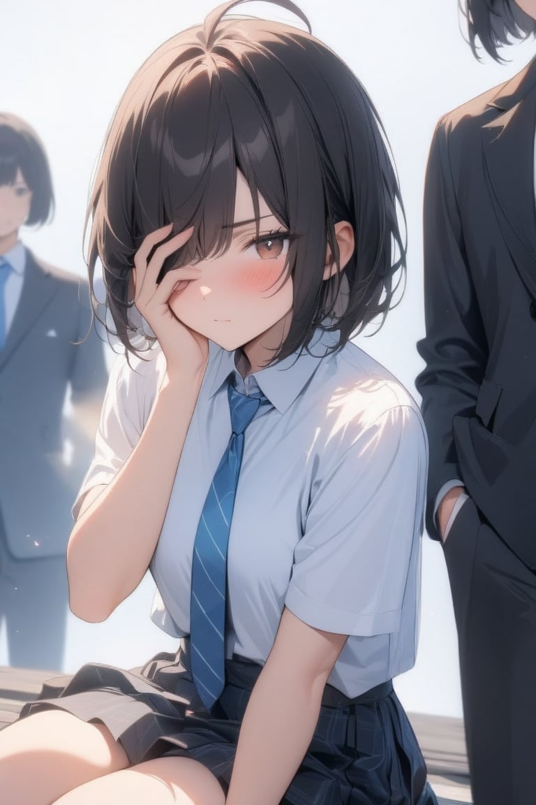 1girl, (dark black hair), brown eyes, ahoge, short hair, (striking bob cut and intense, hair covering one eye:1.2),  (school uniform), tight clothes, white shirt, Short sleeve, blue tie, Blue plaid pleated skirt, backpack, half-closed eyes, solo focus, standing, annoyed, looking down at viewer, see-through silhouette, blush, (simple background), (eyes highlight), ((Tailor Sitting:1.2)), very beautiful girl, himecut hairstyle, masterpiece quality, stunning image, masterpiece, 8K, stunning image, light particles, attractive image, reflections,  \medium\,Beautiful eyes,