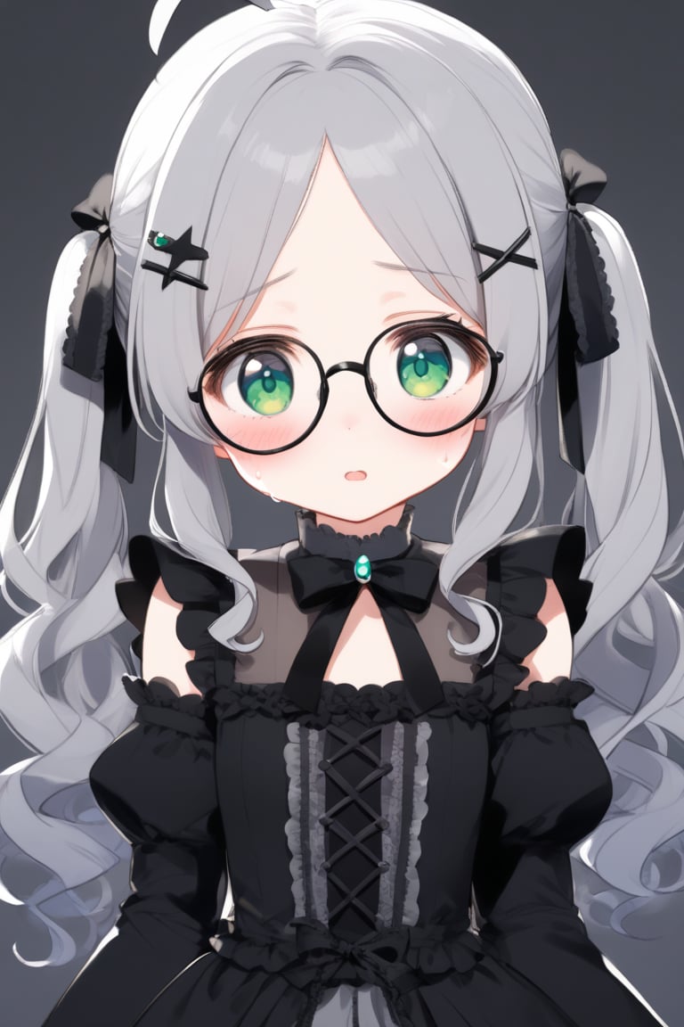  1girl, solo, (gray hair), green eyes, (short Twin ponytails:1.2),  (wavy hair), ahoge, (black round frame glasses:1.2), (black star hairpin), solo, blush, open mouth, Center parted bangs, forehead, lolita_fashion, middle chest, tiny body, cute gothic dress, upper body, sweat, embarrassed,