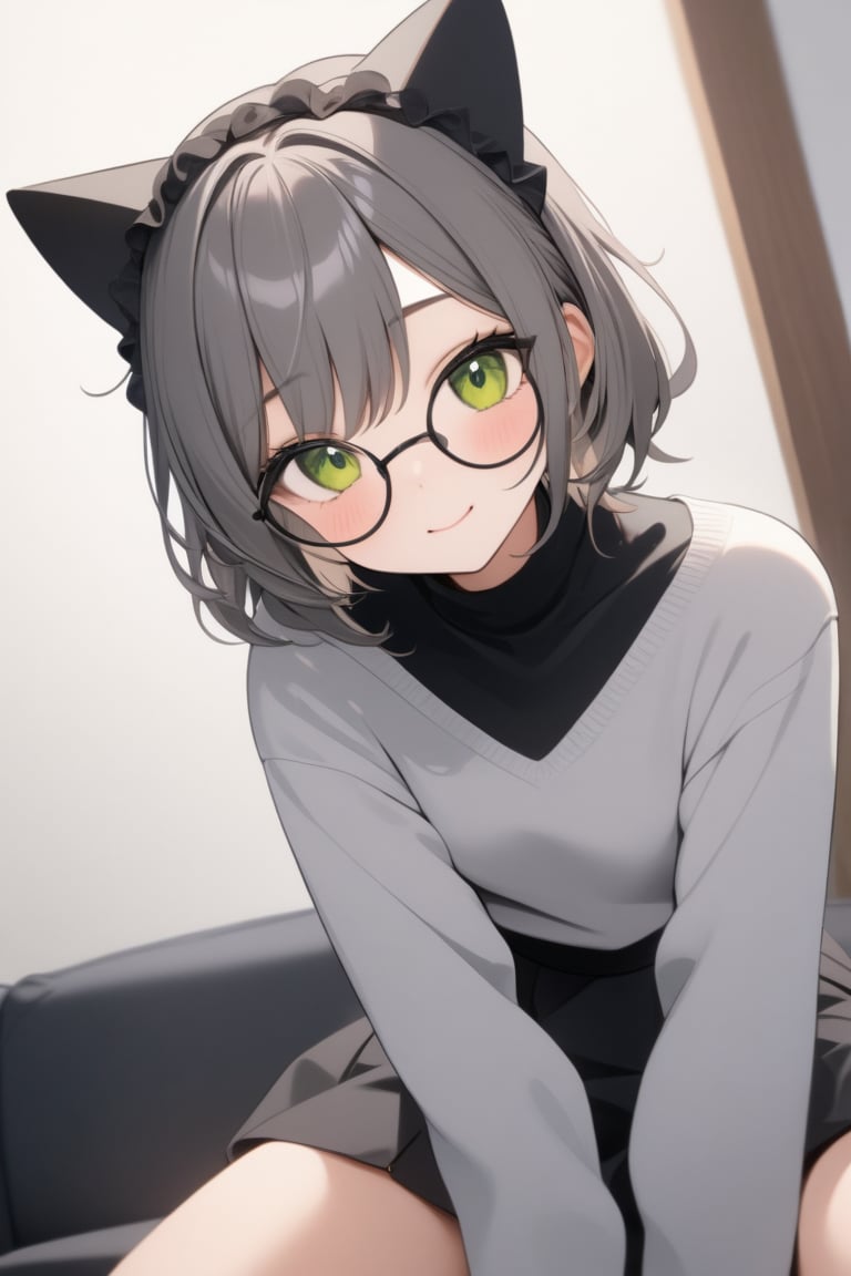 1girl, (gray hair), green eyes, (short hair), (Flat bangs), (hair bun:1.2), (black round frame glasses:1.2), (cat ear headdress), (fleece top:1.2), long sleeve, Short skirt, (happy), (indoor), (eyes highlight), very beautiful girl, very cute face, (Medium chest), proud expression, :), sitting on sofa, cute pose, headtilt, masterpiece quality, masterpiece, 8K, stunning image, light particles, attractive image, reflections, Dutch Angle Shot,Beautiful eyes,