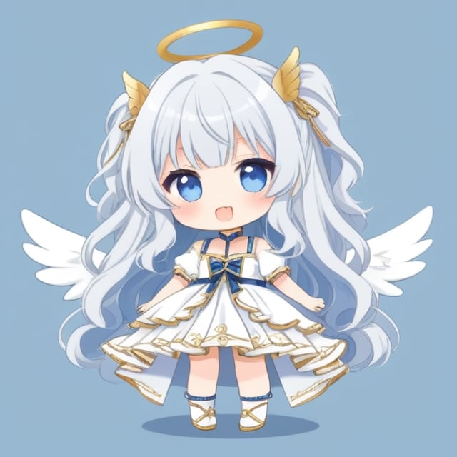 cute, kawaii, chibi, 1girl, (angel), ((white hair)), long curly hair, (two side up), blue eyes,  (curly hair:1.2), (wavy hair), (hair curls), (bangs), (two side up), two blue hair ties on head, (Double golden halo on her head), choker, ((angel wings)), ahoge, fang, White dress with blue lace trim, anime style, cute pose,chibi,simple background, flat color,dal,chibi style,Chibi Style,Anime ,