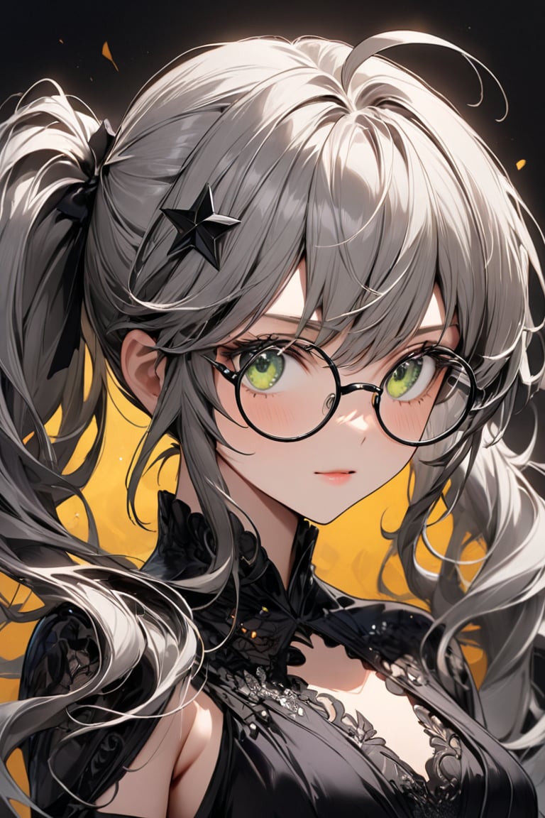  1girl, solo, (gray hair), green eyes, (short Twin ponytails:1.2), ahoge, (black round frame glasses:1.2), (black star hairpin), Beautiful girl. She is very badass, she wears a very fancy evening dress. detailed image, detailed skin, very close-up. silver brushtrokes in background.,Eyes,Beautiful eyes,INK,Detail