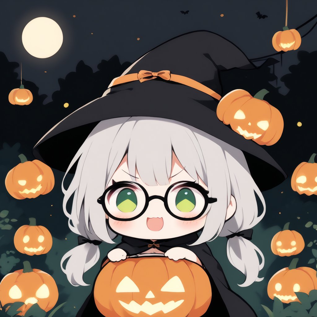 1girl, solo, (gray hair), green eyes, ahoge, (low-pigtail hairs:1.2), (black round frame glasses:1.2), (Witch hat), (Witch cloak), Witch dress, (cute pose), cobweb, (skull), pumpkin lantern, moon, blush, (In the forest at night), (eyes highlight), standing, ((upper body)), very beautiful girl, crazy smiling, slightly angry, himecut hairstyle, solo, (chibi), (Focus on face), chibi style