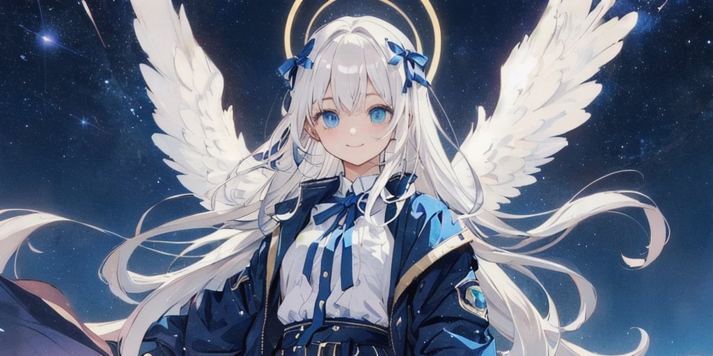  (Best Picture Quality, High Quality, Best Picture Score: 1.3), , Perfect Beauty Score: 1.5, long hair, 1 angel girl, (solo), ((white hair)), (long curly hair), blue eyes, ((two blue ribbons on her hair)), (Double golden halo on her head), (angel wings), (cute outfit), ((wearing aBlack Flames Jacket)), cute smile, background is the night sky with the bright moon hanging high, beautiful, cute, masterpiece, best quality,masterpiece,best quality