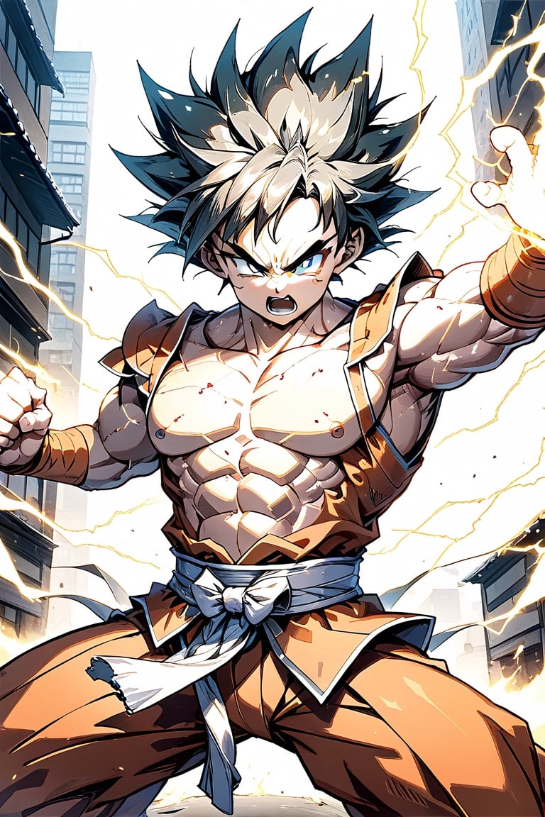 Super details, supersaiyan Goku, Japanese samurai costume, strong, muscle, with aura, Surrounded by electricity, fighting pose, Punch, in  street, anime style,facing the camera,son goku,gkudbz,dragon ball