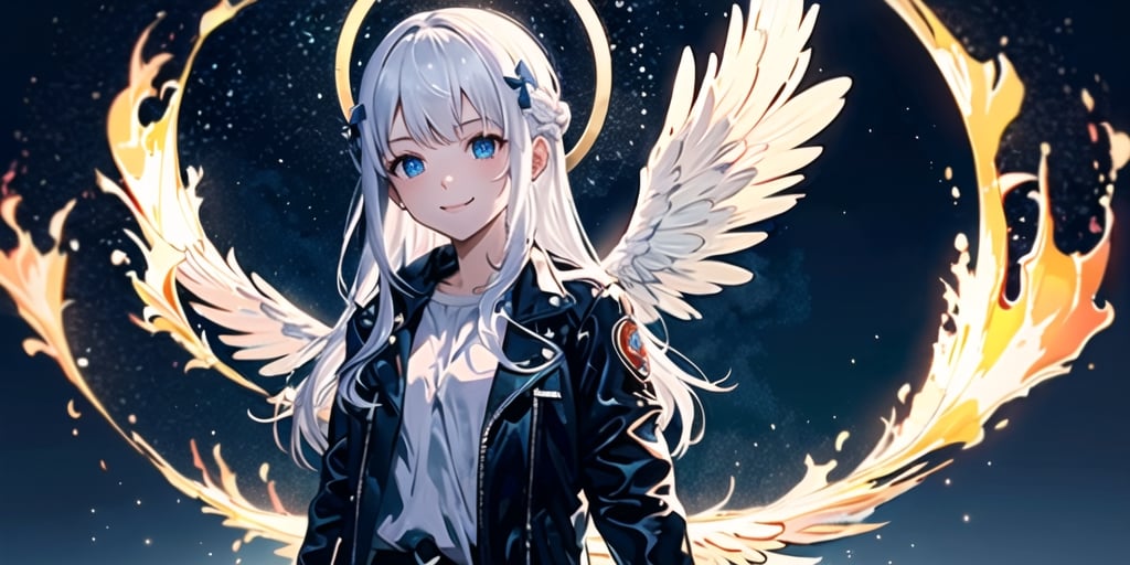  (Best Picture Quality, High Quality, Best Picture Score: 1.3), , Perfect Beauty Score: 1.5, long hair, 1 angel girl, (solo), ((white hair)), (long curly hair), blue eyes, ((two blue ribbons on her hair)), (Double golden halo on her head), (angel wings), (cute outfit), ((wearing aBlack Flames Jacket)), cute smile, background is the night sky with the bright moon hanging high, beautiful, cute, masterpiece, best quality,masterpiece,best quality