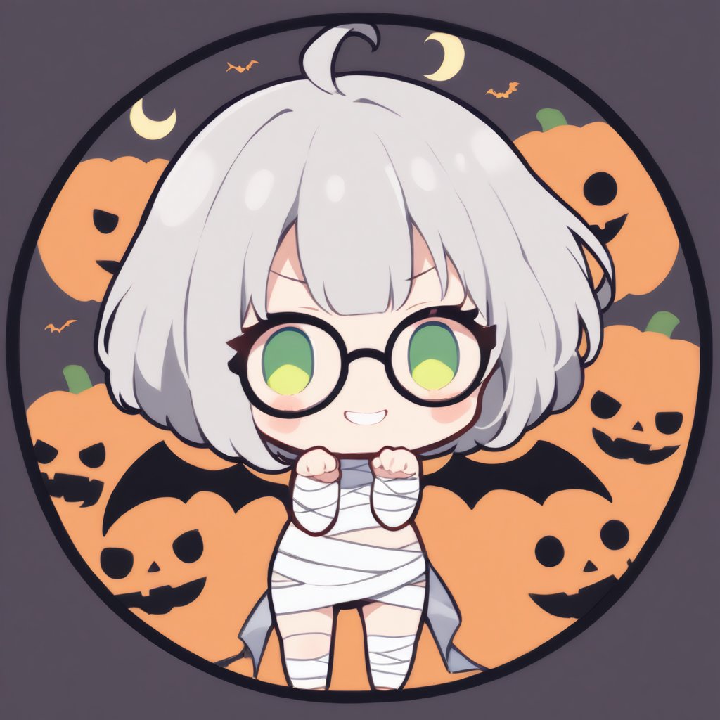 1girl, (gray hair), green eyes, ahoge, (striking bob cut and intense), (black round frame glasses:1.2), mummy dress up, Bandage outfit, Full body bandage, (claw pose), bats, cobweb, pumpkin lantern, moon, blush, (simple halloween background), (eyes highlight), standing, ((upper body)), very beautiful girl, smiling, happy, himecut hairstyle (eyes highlight), standing, solo, (chibi), (Focus on face), 