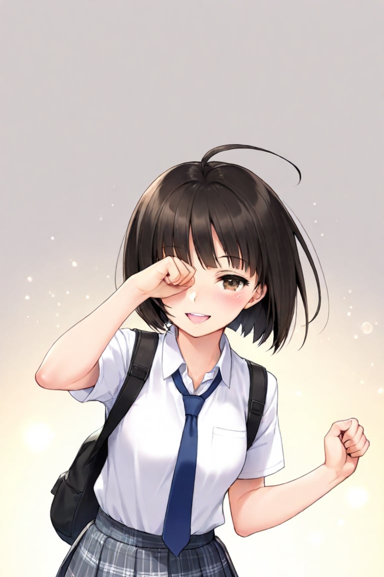 1girl, (dark black hair), brown eyes, ahoge, short hair, (striking bob cut and intense, hair covering one eye:1.2),  (school uniform), tight clothes, white shirt, Short sleeve, blue tie, Blue plaid pleated skirt, backpack, half-closed eyes, solo focus, standing, Open mouth smile,teeth, blush, (upper body), (simple background), (eyes highlight), very beautiful girl, himecut hairstyle, masterpiece quality, stunning image, masterpiece, 8K, stunning image, light particles, attractive image, reflections,  \medium\,Beautiful eyes,