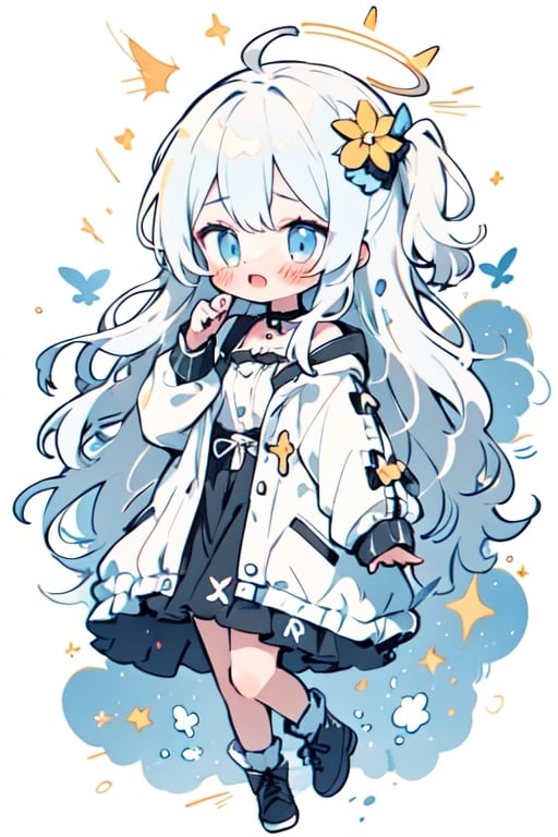 1girl, angel, white hair, long curly hair, (two side up), blue eyes,  (curly hair:1.2), (wavy hair), (hair curls)
, (bangs), (two side up), two blue hair ties on head, (Double golden halo on her head), choker, angel wings, ahoge, fang,solo,,white background,falling down,floating,in air,floating hair,Bubbles, refracted sunlight, light spots, sadness, lowered head,/shelly/