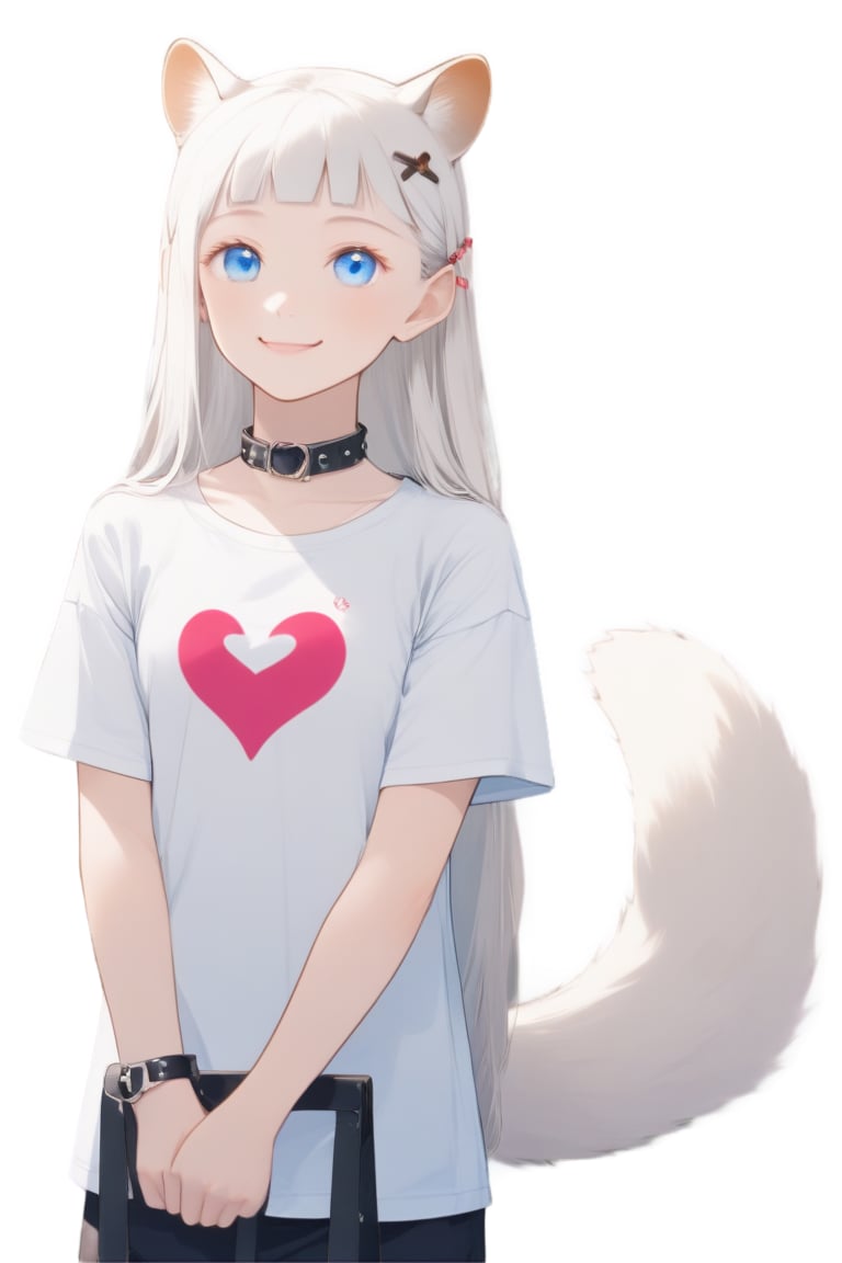 1girl, stoat girl, solo,  ((white hair)), very long hair, blue eyes, (straight hair), (bangs), animal ears, (stoat ears:1.2),
 Choker, ahoge, yaeba, (big white stoat Tail:1.2), (blue X hairpin), hold, holding pink heart, cartoon tshirt, white tshirt, collar, hair covering one eye, looking at the camera, little smile