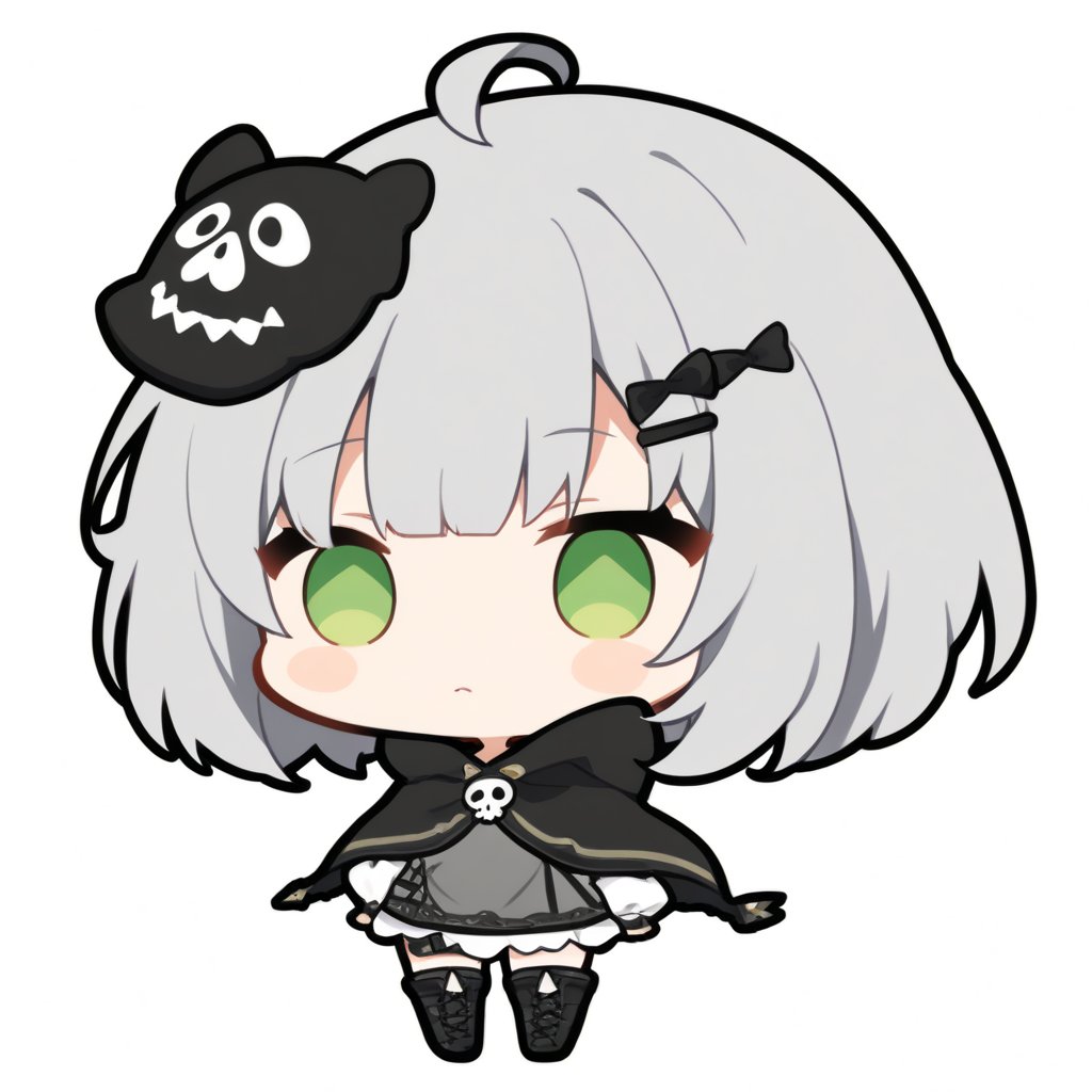 1girl, (gray hair), green eyes, short hair, (Bob Hair), ahoge, black star hairpin, (Wearing a skull mask:1.2), hooded cloak, Hood Down, dress, Short skirt, boots, ((hood down)), standing, solo, (chibi, head only), (Focus on face), simple white background,