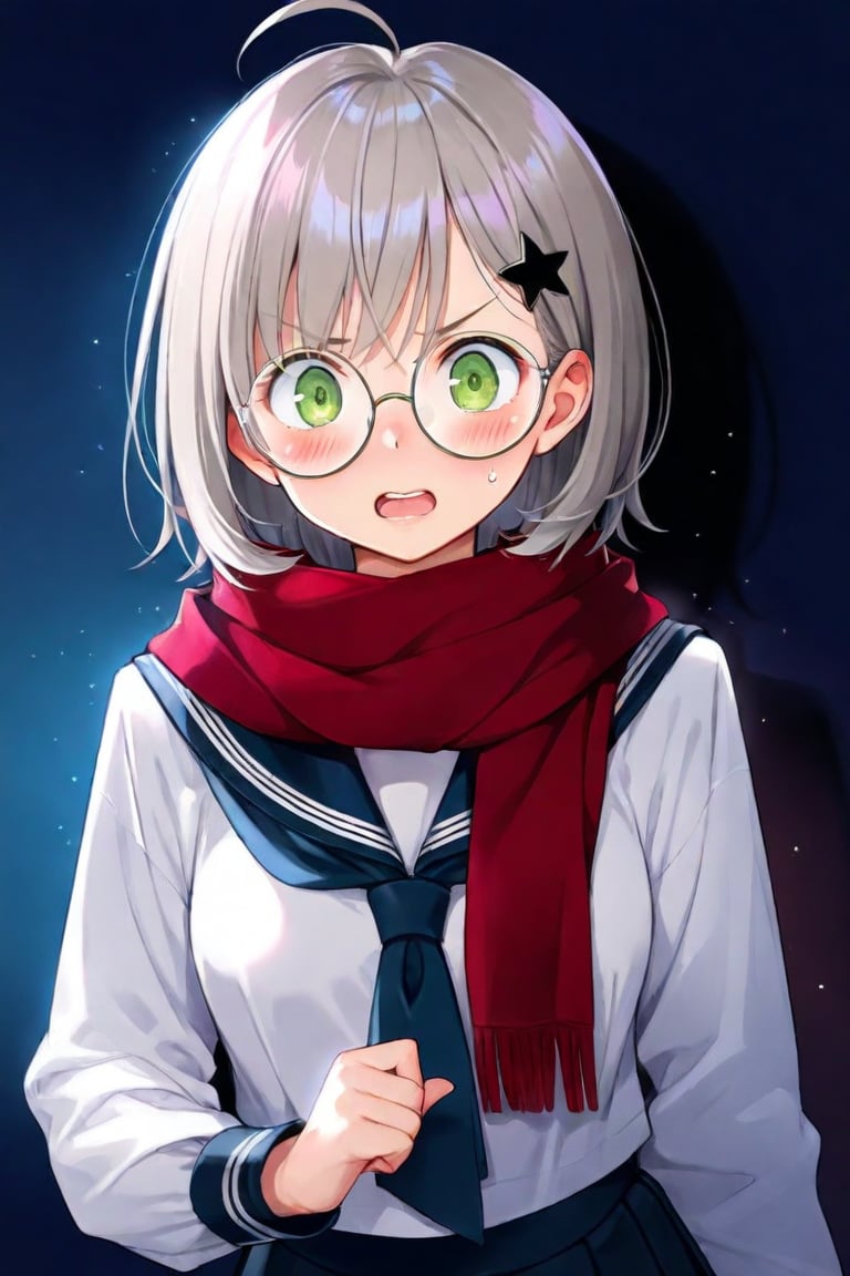 1girl, (gray hair), green eyes, short hair, (Bob Hair), ahoge, (black round frame glasses:1.2), (black star hairpin), (Sailor Suit), (student uniform), dark blue collar, (red scarf), Dark blue pleated skirt, blush, (In a dark room), (eyes highlight), standing, ((upper body)), very beautiful girl, shock, surprise, eyes wide open, Open mouth wide, sweat, slightly angry, himecut hairstyle, masterpiece quality, stunning image, masterpiece, 8K, stunning image, light particles, attractive image, reflections,  \medium\,Beautiful eyes,