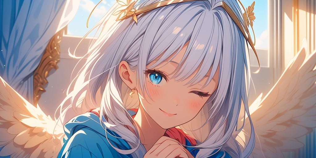 1girl, angel, white hair, long curly hair, blue eyes, two blue ribbons on her hair, (Double golden halo on her head), angel wings,, beautiful face, (eyes closed), happiness, closed mouth smile, pink lips, holding face with both hands, cute hoodie, cute room, cute interior,portrait