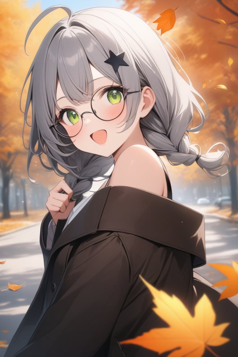 1girl, (gray hair), green eyes, medium hair, (double braid), ahoge, (black round frame glasses:1.2), (black star hairpin), (autumn clothing), (Dark coat), Sleeveless top, Short skirt, Off-shoulder, (happy), Emotionally excited, (On the streets in autumn), (eyes highlight), standing, ((upper body)), very beautiful girl, eyes wide open, Open mouth wide, sweat, slightly angry, himecut hairstyle, masterpiece quality, stunning image, masterpiece, 8K, stunning image, light particles, attractive image, reflections, Dutch Angle Shot,Beautiful eyes,