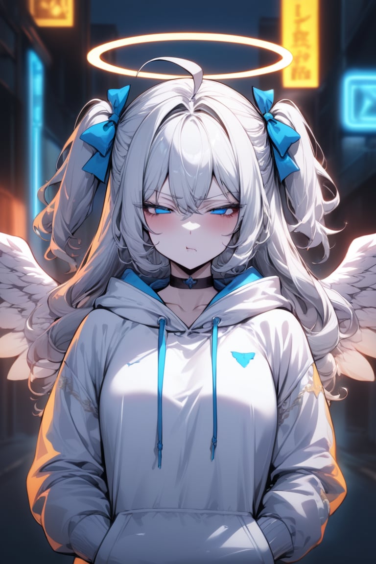  1girl, angel, white hair, long curly hair, (two side up), blue eyes, two blue bows on head, (Double golden halo on her head), choker, angel wings on back, ahoge, ((White long sleeve hoodie)), mature female, no pupils, straight-on, half-closed eyes, narrowed eyes, pout, blurry background, alp, (((neon theme))), perfect_hands, dark theme, vivid color, masterpiece, best quality, amazing quality, very aesthetic, absurdres, depth of field, score_9, archi-ghelber-style