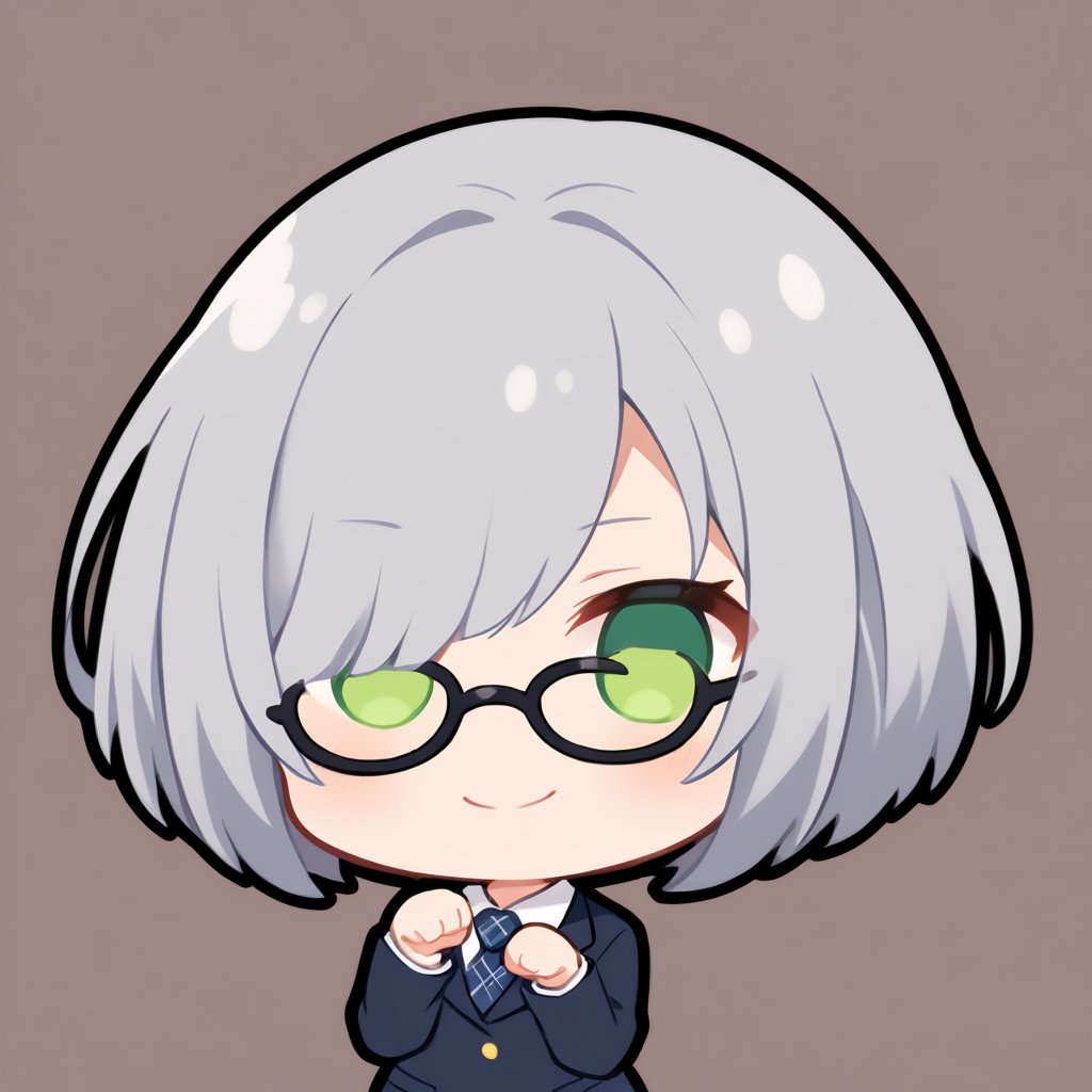 1girl, (gray hair), green eyes, ahoge, short hair, (striking bob cut and intense, hair covering one eye:1.2), (black round frame glasses:1.2), (school uniform), tight clothes, white shirt, blue tie, Blue plaid pleated skirt, Dark blue blazer, boots, half-closed eyes, blush, (paw pose), (simple school background), (eyes highlight), standing, ((upper body)), very beautiful girl, smiling, happy, himecut hairstyle, solo, (chibi), (Focus on face), 