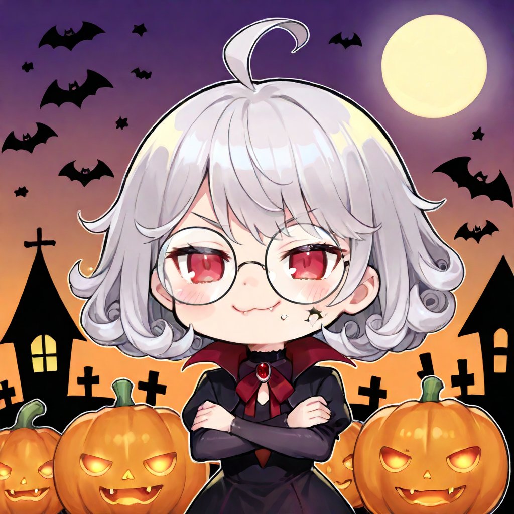 1girl, (gray hair), red eyes, ahoge, (long curly hairs), (black round frame glasses:1.2), (vampire style dress), (Vampire Fangs) , (Arms Crossed), bats, cobweb, pumpkin lantern, moon, blush, (simple halloween background), (eyes highlight), standing, ((upper body)), very beautiful girl, smiling, slightly angry, himecut hairstyle, solo, (chibi), (Focus on face), 