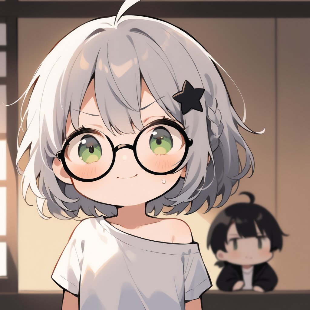 1girl, (gray hair), green eyes, medium hair, (double braid), ahoge, (black round frame glasses:1.2), (black star hairpin), (T-shirt), (hanten jacket), cotton pants, Off-shoulder, (happy), (in Japanese room), (eyes highlight), standing, ((upper body)), very beautiful girl, eyes wide open, closed mouth, sweat, slightly angry, himecut hairstyle, solo, (chibi), (Focus on face),((Chibi character))