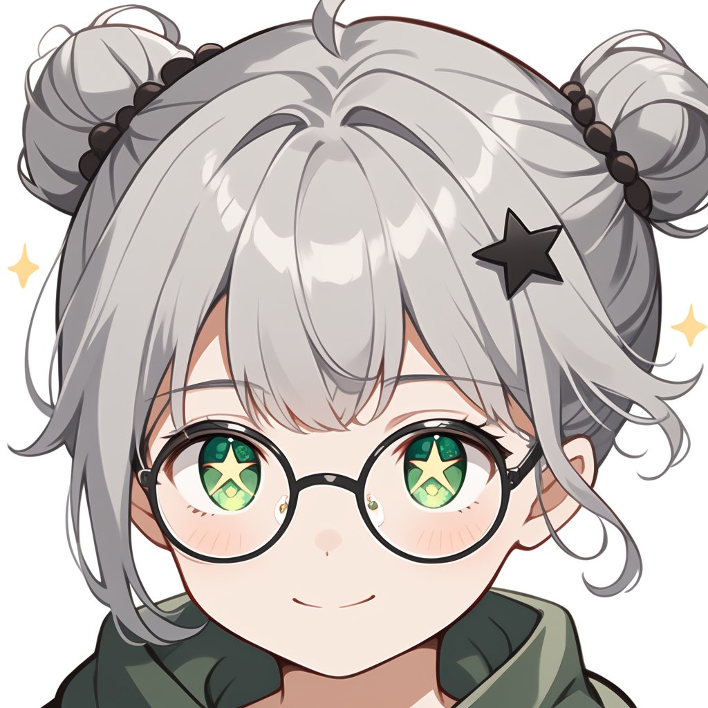 1girl, (gray hair), green eyes, short hair, ahoge, (black round frame glasses:1.2), (black star hairpin), dark green hooded cloak, Hood Down, dress, Short skirt, boots, ((Half Bun hair :1.2)), ((Off the shoulders:1.2)), solo, smiling, blush, (close-up portrait), ((sparkling eyes)), Upper Body, (Focus on face), simple white background,Cute Anime