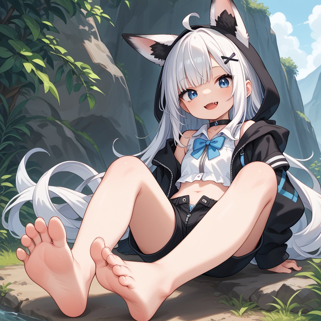 score_9, score_8_up, score_7_up, score_6_up, score_5_up, score_4_up, 1girl, stoat girl, solo,  ((white hair)), very long hair, blue eyes, (straight hair), (bangs), animal ears, (stoat ears:1.2),
 Choker, ahoge, fangs, (big stoat Tail:1.2), (blue X hairpin), (White collared sleeveless top, (midriff), blue chest bow), (black hooded oversized jacket:1.2), (jacket zipper half unzipped), (black short pants) (Off the shoulders), feet, soles, toes, barefoot, foot focus, looking at viewer, smile, outdoors, outside,source_anime