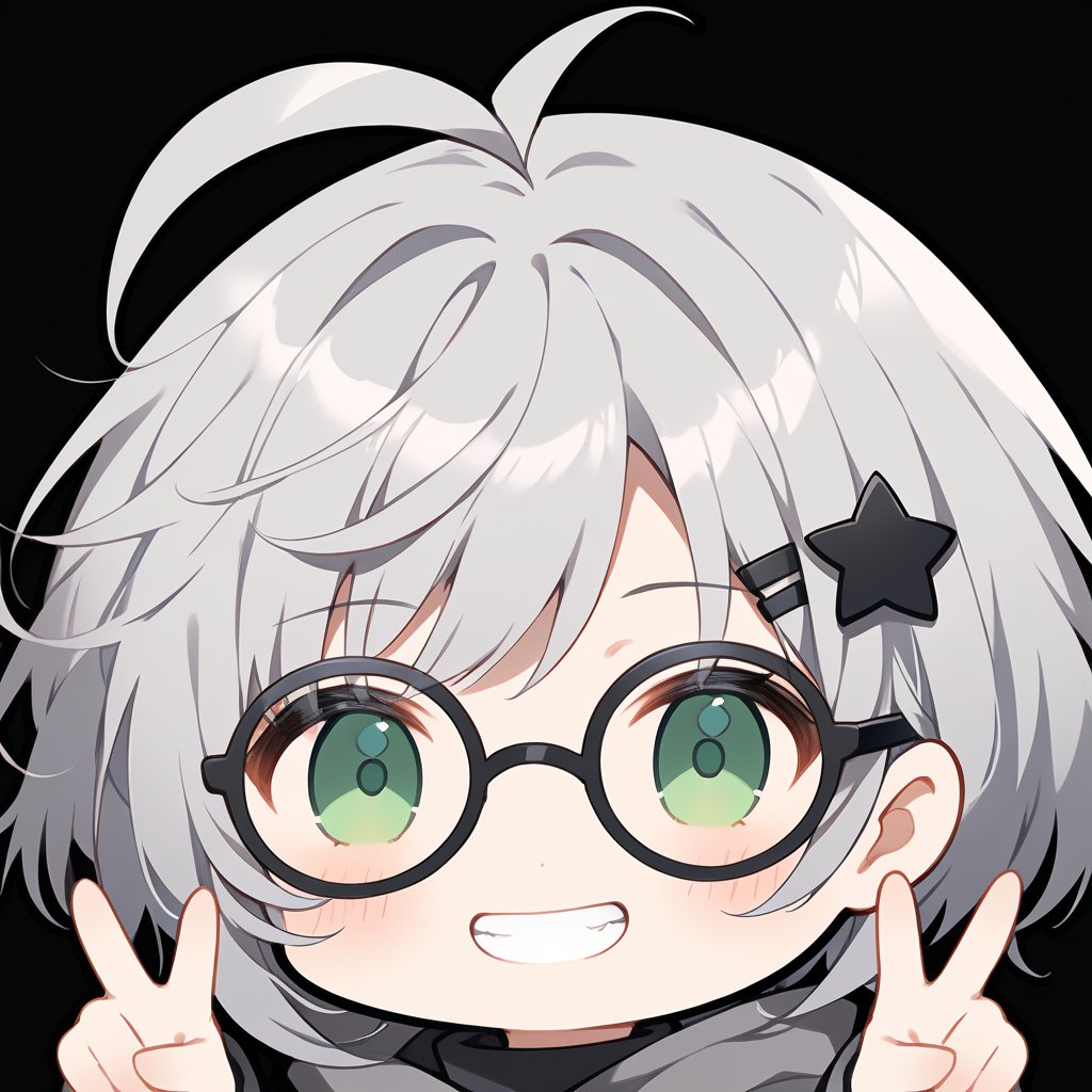 1girl, (gray hair), green eyes, short hair, (Bob Hair), ahoge, (black round frame glasses:1.2), (black star hairpin), hooded cloak, Hood Down, long sleeve shirt top,
Short skirt, boots, , solo, (chibi, head only), blush, (close-up portrait), (grin), (double v), Upper Body, (Focus on face), simple background,