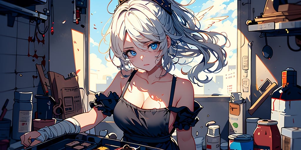 full body,masterpiece, best quality, highres, kta1,1girl, angel, white hair, long curly hair, blue eyes, two blue ribbons on her hair, (Double golden halo on her head), angel wings, ponytail, detached sleeves, cleavage, In the kitchen, bare shoulders, medium breasts, Making heart shaped chocolates, wearing an apron, background_Urban rooftop, despair, ((masterpiece)), (((best quality))), ((ultra-detailed)), ((illustration)), ((disheveled hair)),torn clothes,tearing with eyes open,solo,bandages,Gunpowder smoke,beautiful deatailed shadow, Splashing blood,dust,tyndall effect,portrait,