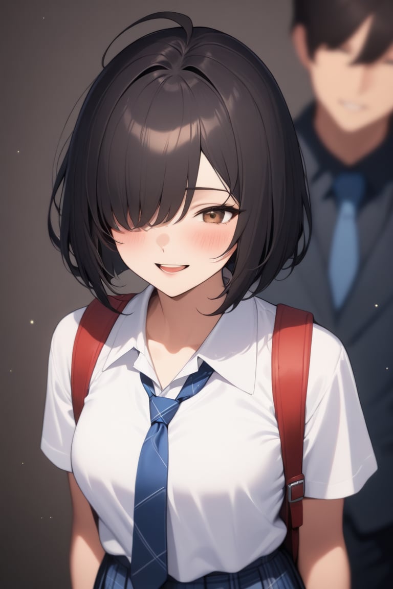 1girl, (dark black hair), brown eyes, ahoge, short hair, (striking bob cut and intense, hair covering one eye:1.2),  (school uniform), tight clothes, white shirt, Short sleeve, blue tie, Blue plaid pleated skirt, backpack, half-closed eyes, solo focus, standing, Open mouth smile,teeth, blush, (upper body), (simple background), (eyes highlight), very beautiful girl, himecut hairstyle, masterpiece quality, stunning image, masterpiece, 8K, stunning image, light particles, attractive image, reflections,  \medium\,Beautiful eyes,