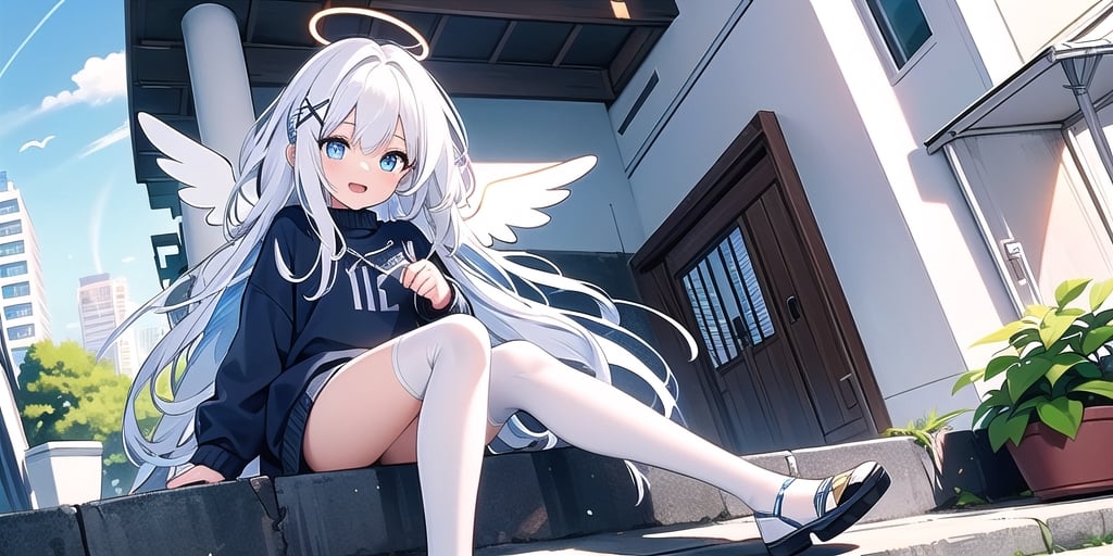 vibrant colors, female, masterpiece, sharp focus, best quality, depth of field, cinematic lighting, ((solo, one woman )), (illustration, 8k CG, extremely detailed), masterpiece, ultra-detailed,
1angel, (white hair), long curly hair, blue eyes, (two blue ribbons on her hair), (Double golden halo on her head), angel wings, sweater, cute outfit, sitting, against the wall, beside the street, open mouth, best smile, cute face, (full body),  perfect light,1girl white hair blue eyes x hair ornament,masterpiece,