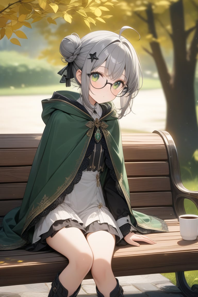 1girl, (gray hair), green eyes, short hair, ahoge, (black round frame glasses:1.2), (black star hairpin), dark green hooded cloak, Hood Down, dress, Short skirt, boots, ((Half Bun hair :1.2)), An animated girl with green eyes is sitting on a wooden bench. There is a small white cup of coffee on the bench in front of her. Behind her is a green lawn with small white flowers on it. A tree with yellow leaves is on the left side of the bench. Behind the tree is a wooden door with a black handle. Blurry background, detailed image, detailed skin, stunning image, 8k, proffesional style, luxurious room in background, ((masterpiece: 1.2)), light particles. Masterpiece, stunning image, professional style