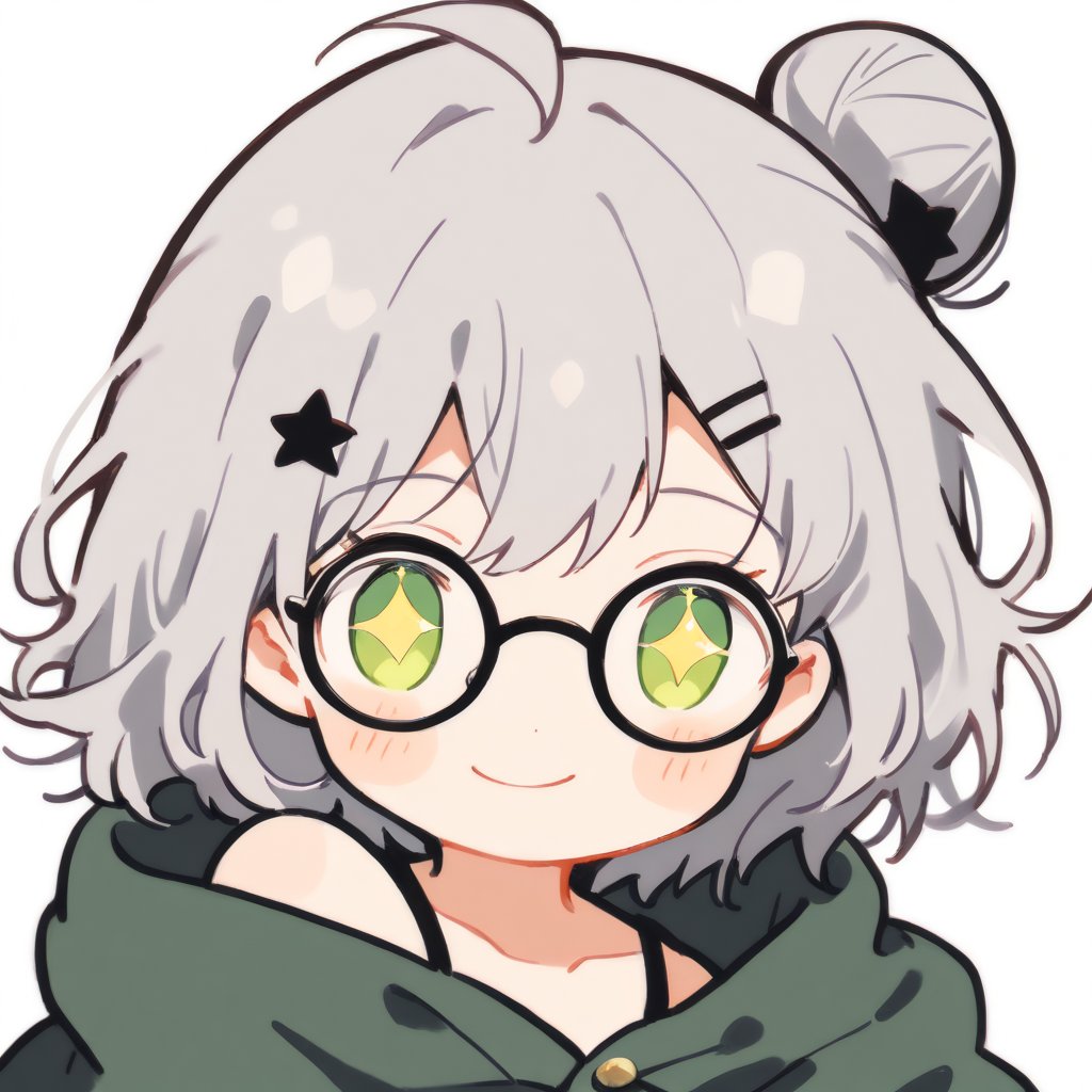 1girl, (gray hair), green eyes, short hair, ahoge, (black round frame glasses:1.2), (black star hairpin), dark green hooded cloak, Hood Down, dress, Short skirt, boots, ((Half Bun :1.2)), ((Off the shoulders:1.2)), solo, smiling, blush, (close-up portrait), ((sparkling eyes)), Upper Body, (Focus on face), simple white background,