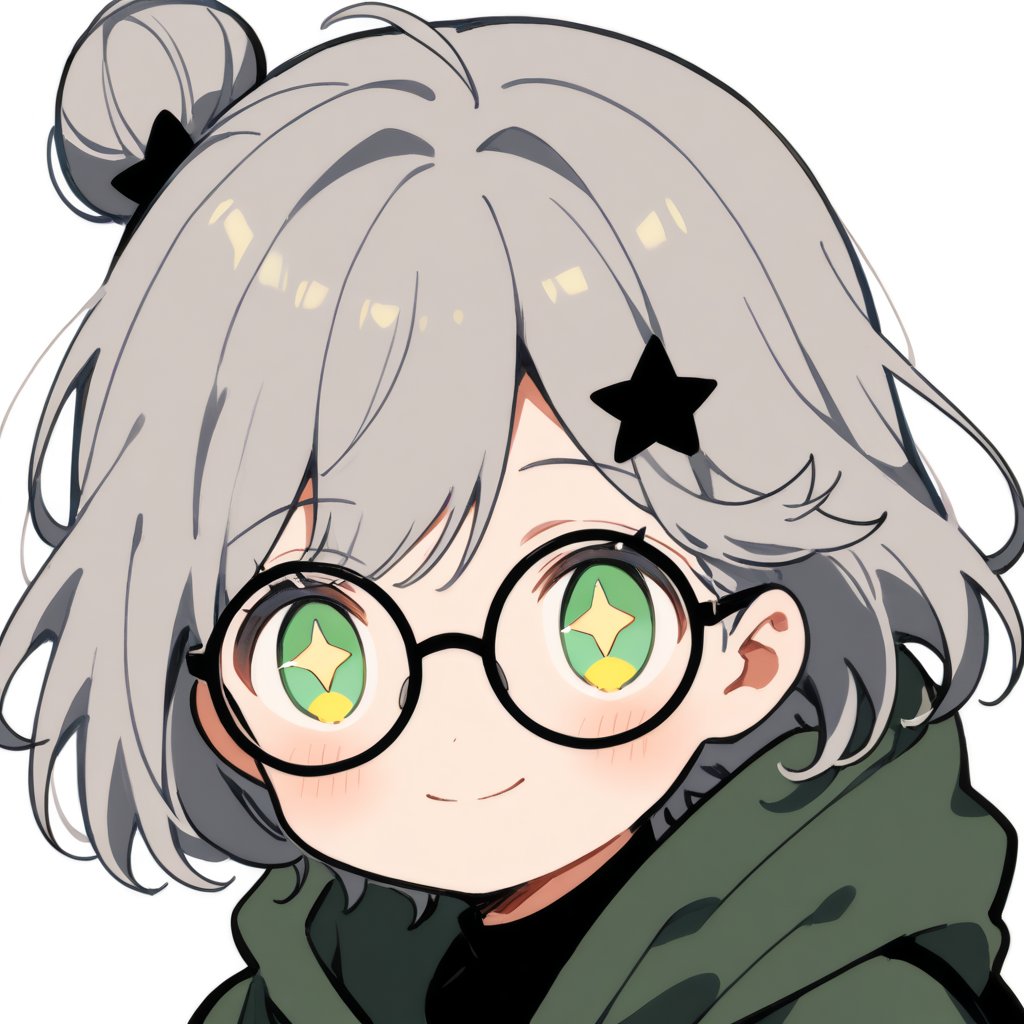 1girl, (gray hair), green eyes, short hair, ahoge, (black round frame glasses:1.2), (black star hairpin), dark green hooded cloak, Hood Down, dress, Short skirt, boots, ((Half Bun :1.2)), ((Off the shoulders:1.2)), solo, smiling, blush, (close-up portrait), ((sparkling eyes)), Upper Body, (Focus on face), simple white background,